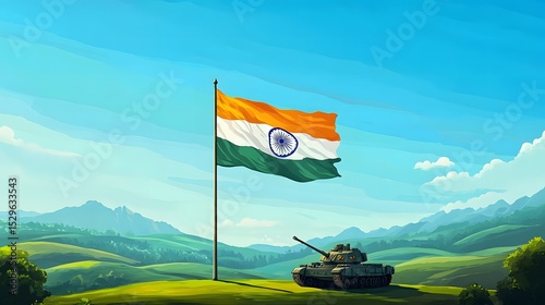Indian tank patrols on the battlefield with national flag waving proudly in the wind