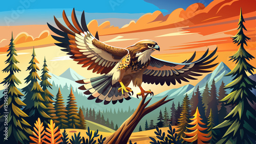 Autumn wildlife, bird of prey Common Buzzard, Buteo buteo, flight on coniferous spruce tree branch. Wildlife scene from the nature. Landing on spruce tree. Buzzard fly in the forest
