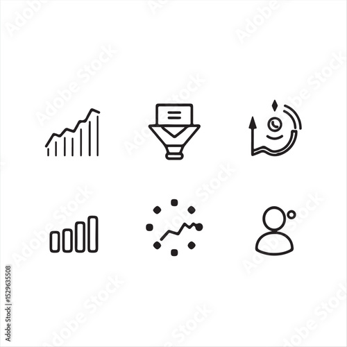 A set of five icons in a modern flat, black and white style for SaaS dashboards and solopreneur tools.  Icons MRR chart, email funnel, affiliate program, churn metric, user journey.  Clean vector UI