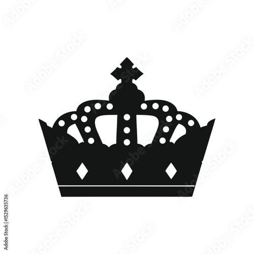 Black vector crown icon isolated on white, with spooky Halloween pumpkin and witch hat illustrations silhouette on white background