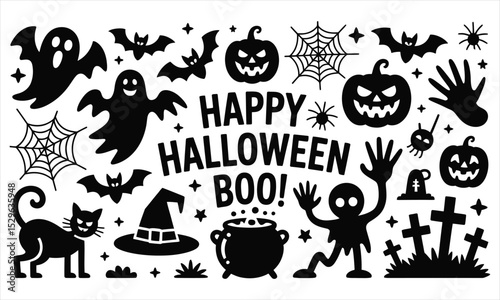 Happy halloween boo black and white clipart collection