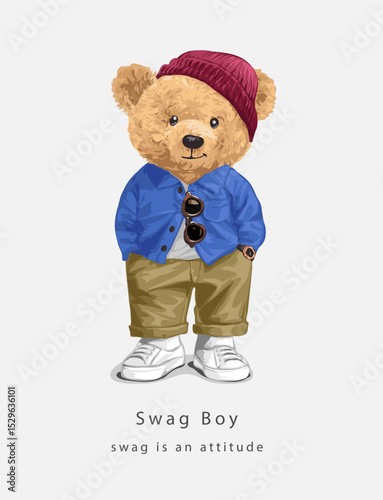 bear doll in blue shirt and bean hat vector illustration hand drawn - not auto trace