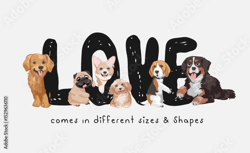 love slogan with dog breeds vector illustration