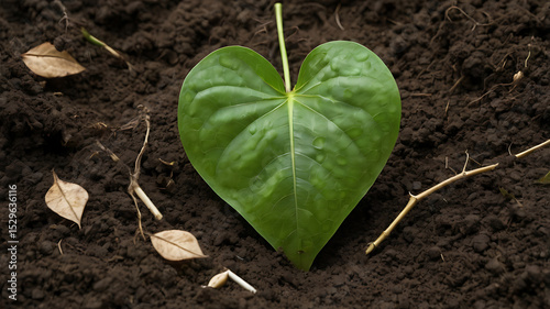A  green heart-shaped leaf gently resting on rich soil, with a small globe, recycling symbol made of natural materials, or eco-friendly items like reusable bags, glass bottles, or bamboo toothbrushes 