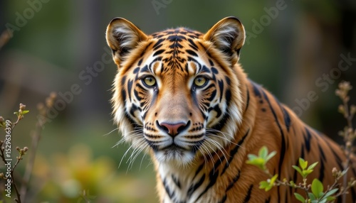 Majestic Tiger Observing Its Territory in Lush Forest Habitat Wildlife Photography Close-Up