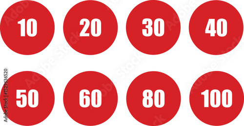 Vector illustration of a red circular speed limit sign with bold white text, representing a speed limit kmh maximum speed. Suitable for road safety graphics, driving instruction, transportation signal
