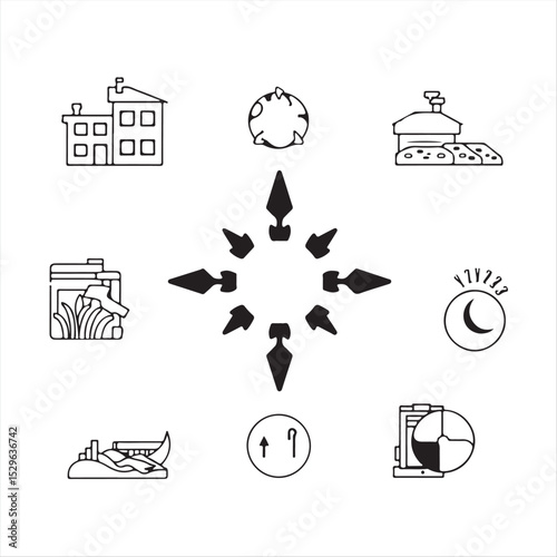 Black and white icons of climate adaptation infrastructure and technology flood-resistant buildings, drought-resistant agriculture, heat reflective surfaces, disaster early warning, and climate