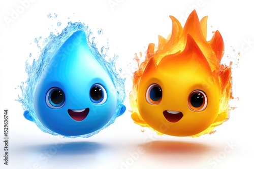 Two cartoon characters, a water droplet and a flame, depicted in a whimsical style.