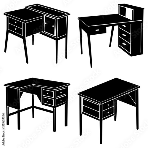 Four different styles of desks are displayed in a black and white graphic illustration image design
