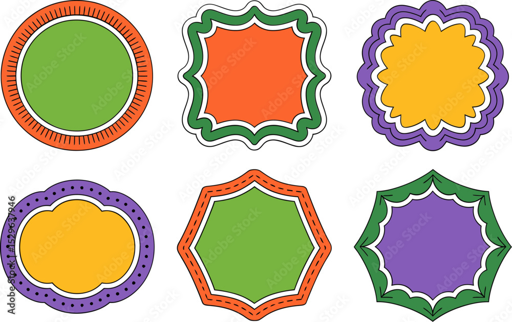 Fototapeta premium Colorful scrapbook badge icons. Geometric label variety with contrasting borders and gradient frame style 