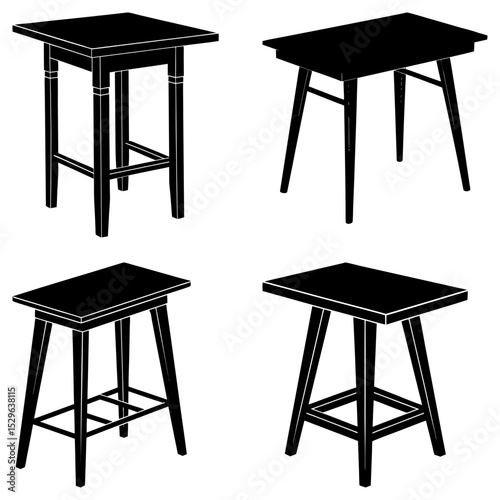 Four different styles of black tables and stools with square tops in a vector illustration design