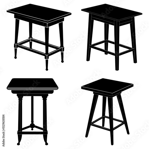 Four different styles of black side tables with varying leg designs on a white background are shown