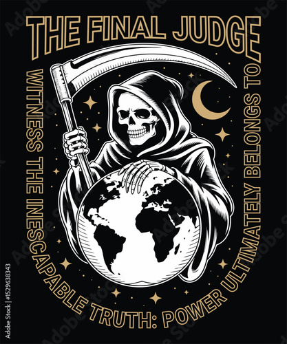 The Final Judge: Grim Reaper with Earth and Scythe T-Shirt Design