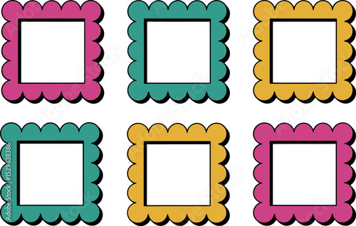 Retro arch labels with square background. Decorative colorful scalloped edges create a pop-style tag look  