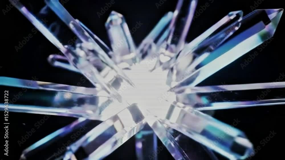 Close-up crystal structure animation.	
High-detail close-up of a radiant crystal structure with shimmering surfaces and refractions in 3D.
