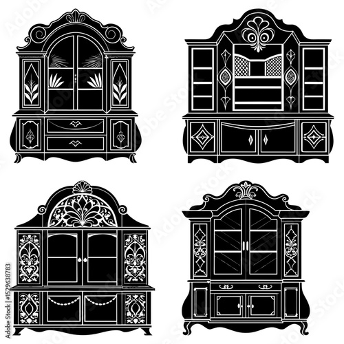 Four ornate black and white cabinets featuring decorative elements and unique designs in a structured display