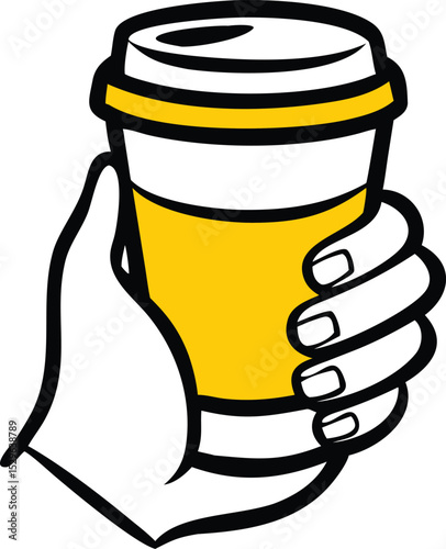 A cartoon hand holds a yellow coffee cup, showcasing a simple yet effective design.