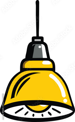 A yellow industrial pendant light with a black cord and gray cap, hanging from the ceiling, perfect for adding a retro or vintage touch to any room