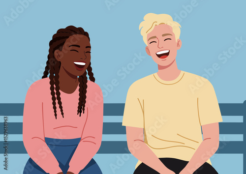 Cheerful illustration of a Black woman with braided hair and a blonde man laughing together while sitting on a bench against a light blue background