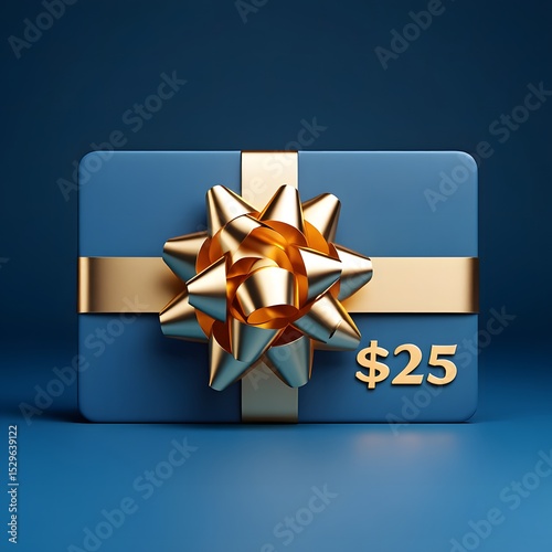 Twenty five dollar blue gift card with gold bow and ribbon