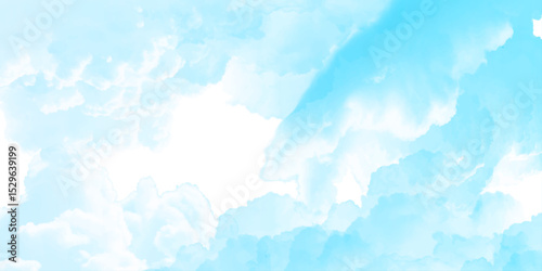 Sunny sky blue light watercolor background. Aquarelle painting brush effect card paper textured canvas cloudy smoke space for text, entertaining card, template. aquamarine color graphics illustration