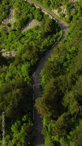 Vertical Video: motorcycle drives on the road in the forest in the mountains on a serpentine. View from above over a winding road in a green forest. Winding road in the mountains. Drone follows the