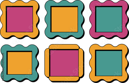 Retro aesthetic labels set. Color-block sticker shapes with funky borders for memory notes or DIY journaling  