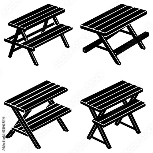 Four isometric picnic benches in black and white showing different construction styles and angles