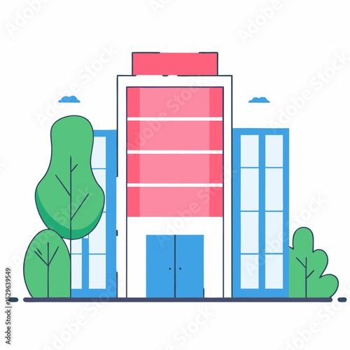 Modern Corporate Office Building Exterior with Contemporary Design and Lush Greenery, Ideal for Business Headquarters