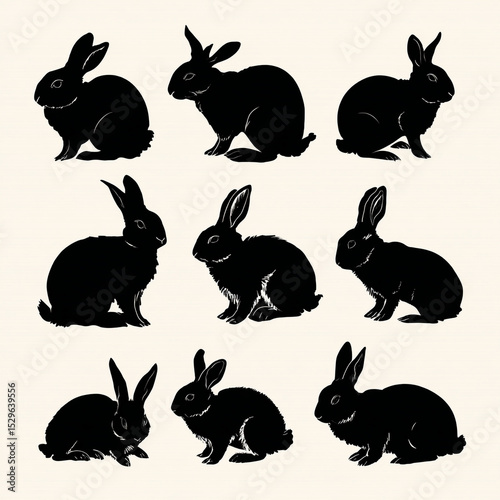 A collection of nine black rabbit silhouettes arranged in a grid pattern on a light cream background