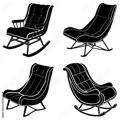 Four rocking chairs with different designs in black and white illustration style image art work