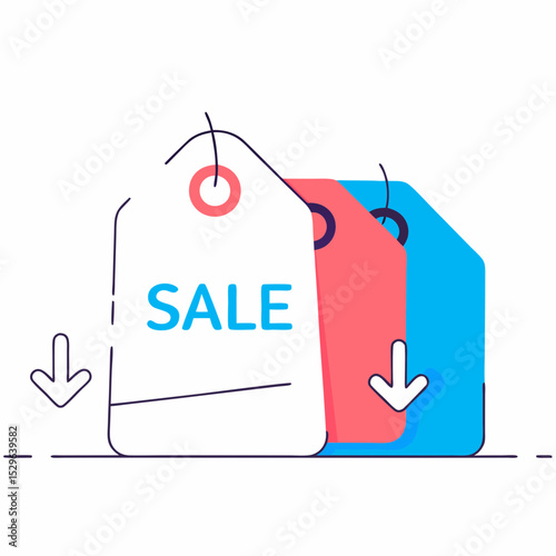 Multiple Sale Price Tags with Down Arrows Signifying Discounts, Promotions, and Reduced Prices for Retail and E-commerce