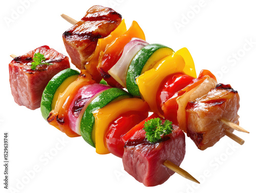Grilled Kebab Extravaganza: A tantalizing array of colorful grilled kebabs, meticulously arranged on skewers, showcasing an irresistible medley of succulent grilled meat, bell pepper, onion, zucchini.