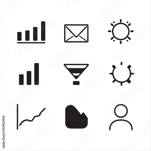a minimalist black and white icon set for solopreneur tools. Icons include MRR chart, email funnel, affiliate program, churn metric, and user journey.  Geometric shapes, clean lines, and a dashboard