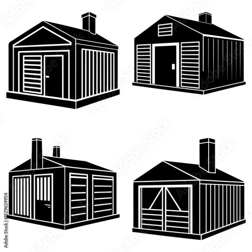 Four different shed illustrations with varying designs and chimney placements shown in black and white