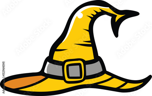 A whimsical illustration of a yellow witch's hat with a gray buckle, set against a stark white background
