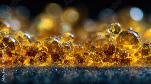 Close-up view of golden resinous droplets.