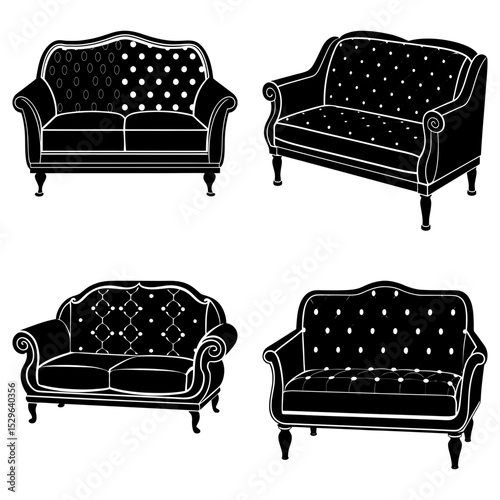 Four black and white vintage sofas with different patterns and designs arranged in a square format