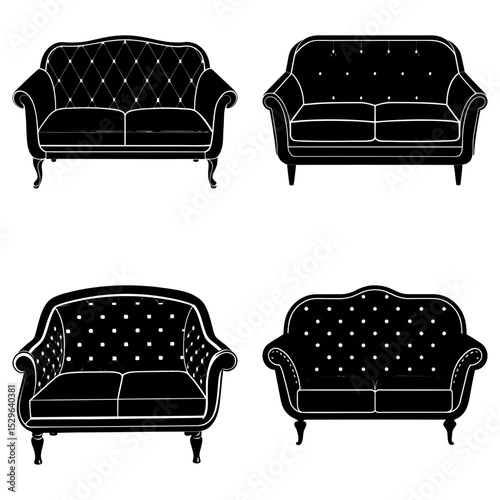 Four black and white silhouette illustrations of different styles of upholstered sofas and couches set on white