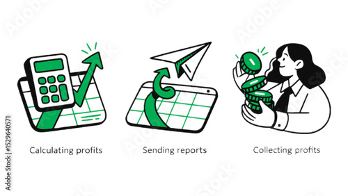Illustrative graphic depicting business profit growth stages calculation reporting and collection of profits. Ideal for financial websites and presentations.