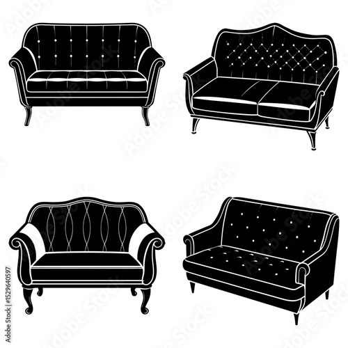 Four different styles of black and white sofas showcased in a symmetrical arrangement on white background