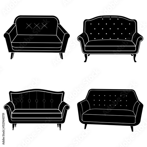 Four different styles of black and white silhouette sofas with varying designs and shapes displayed