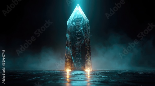 A crystalline obelisk, illuminated by a teal glow.