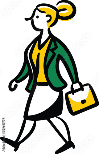 A stylish businesswoman strides confidently with a yellow handbag, her green jacket and yellow top complementing her blonde hair in a high ponytail.