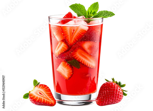  Strawberry Summer Drink with Mint in Tall Glass, side view, isolated on a transparent background