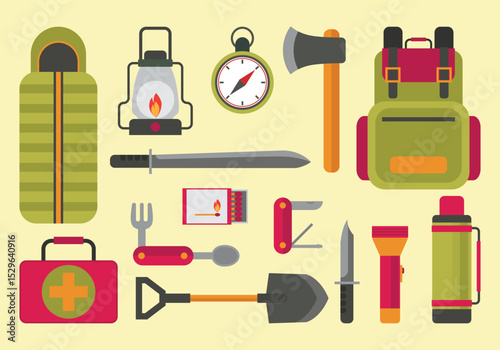Flat lay camping gear and equipment knolling illustration