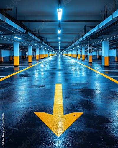 Empty parking garage, illuminated with bright lights, a yellow arrow guides the way
