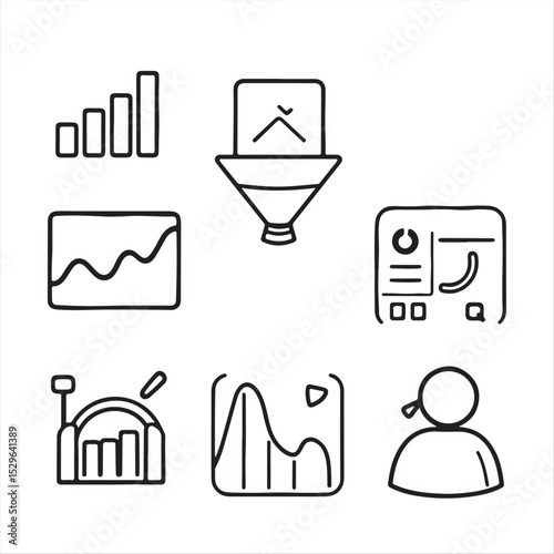 Five expressive icons in a timeless black and white Isekai anime style for SaaS dashboards and solopreneur tools.  Vector format, clean design, soft tech tones, white background. Icons depict MRR