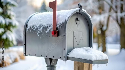 Silver mailbox covered in fresh snow, red flag up on a blurred winter day with icicles, outdoors receiving mail in winter