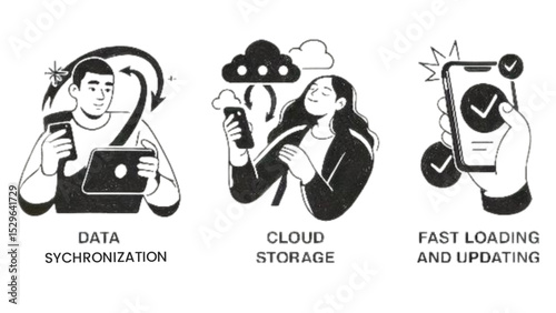 Illustrative depiction of seamless data synchronization cloud storage and fast loading updates using smartphones and tablets. Ideal for tech websites and presentations.